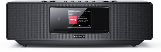 Zwart Kenwood radio-apparaat met display dat "Internet radio SWR3" toont.