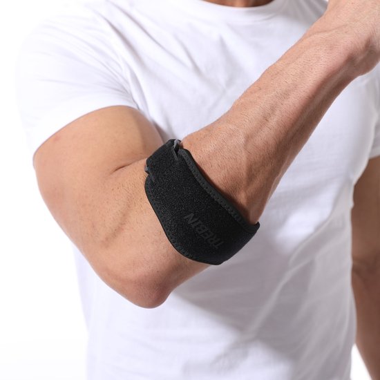 Trebin Elleboogbrace - Tennisarm Brace met Gelpad - Geschikt bij Tennisarm en Golferselleboog - Elleboogband Verstelbaar - Links en Rechts - One Size Unisex - Zwart