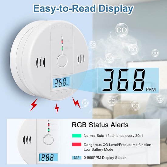 Wit koolmonoxidemelders met digitaal display met 368 PPM, LED-indicator, test-/resetknop. Luchtinlaat en "DO NOT PAINT" erop.