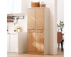 Pugsdrly Kitchen Pantry Cabinet, hoge keukenkast met 4 deuren, voorraadkast in koelkaststijl met verstelbare planken, grote eetkast met metalen handgrepen en kantelbeveiliging, 76 x 42 x 180 cm, eikenlook
