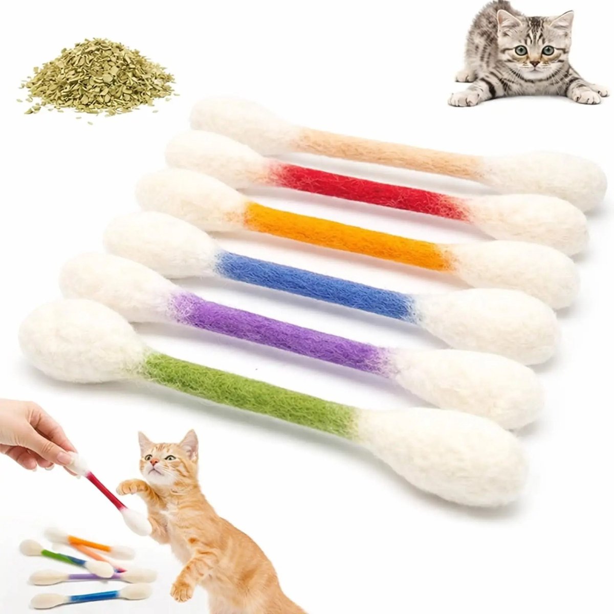 Set Van 6 Gigantische Wattenstaafjes-kattenspeeltjes | Bevat Kattenkruid, Kauwstokjes Voor Kittens + Stevige Vilten Kicker, Interactief Kauwkoord, Ideaal Om Katten Binnenshuis Te Vermaken (Gemengde Kleuren)