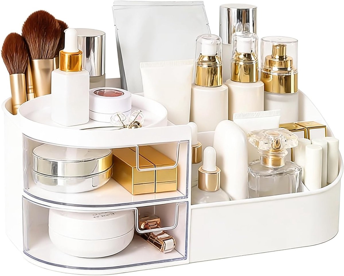 Multifunctionele Make-up Organizer met Lades voor Slaapkamer en Badkamer, Ruimtebesparende Cosmetica Rack en Sieradenhouder in Wit