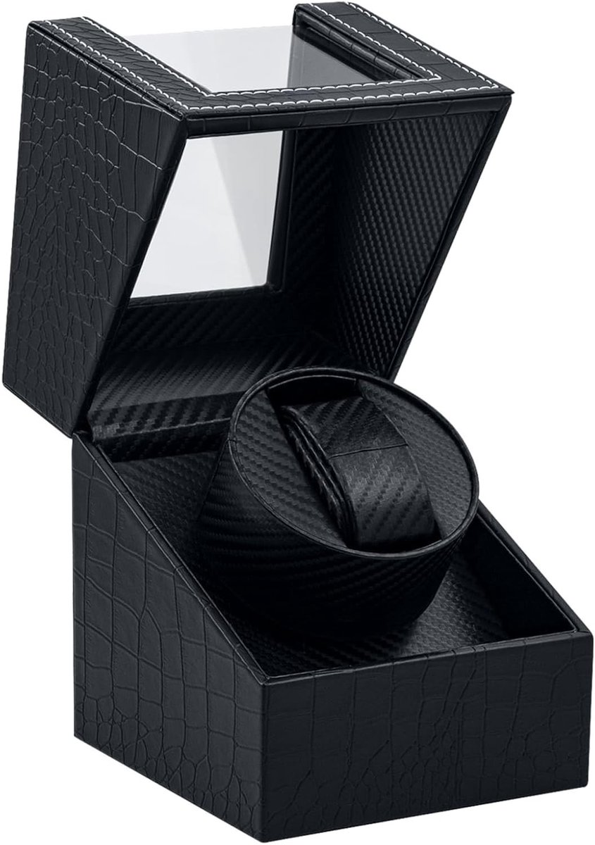 Enkele Automatische Horloge Winder, Enkele Horloge Winder Box van PU Leer met Carbon Fiber Patroon, EU Plug - Zwart