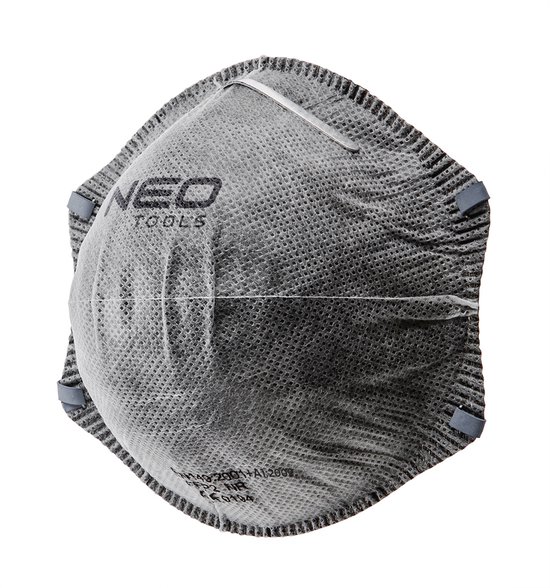 NEO TOOLS FFP2 masker met actieve koolstof, grijs met zwart logo.