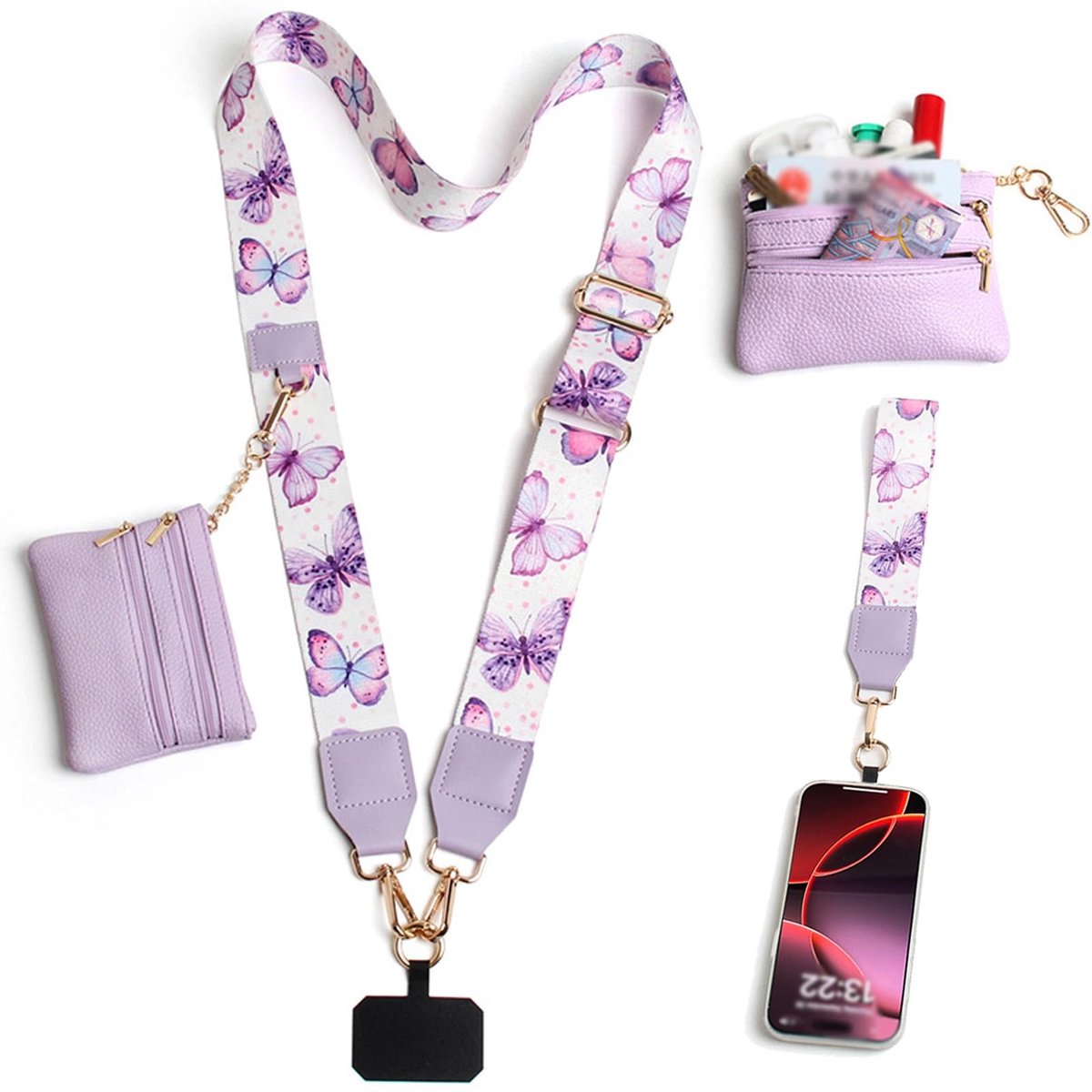 Seb3 - Phone chain with wallet - Telefoon loop met portemonnee - Verstelbaar en waterdicht - Paars - Butterfly patroon - Geschikt voor volwassen...