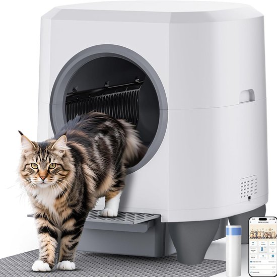 Automatische kattenbak XXL 80L zelfreinigend elektrisch met app, grote capaciteit, geurcontrole, veilig, stil