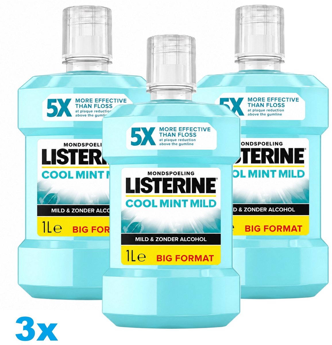 Listerine Cool Mint Mild Mondwater – 3 x 1 Liter – Alcoholvrij – Milde Mondspoeling – 3 Stuks