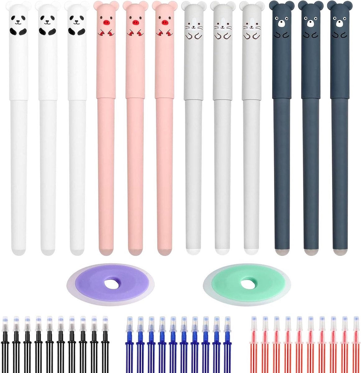 Set van 12 Uitwisbare Pennen met Dierenmotief - 0.5mm Ballpoint Pennen met 30 Navullingen en 2 Witte Wistafels voor Kinderen en Schoolgebruik