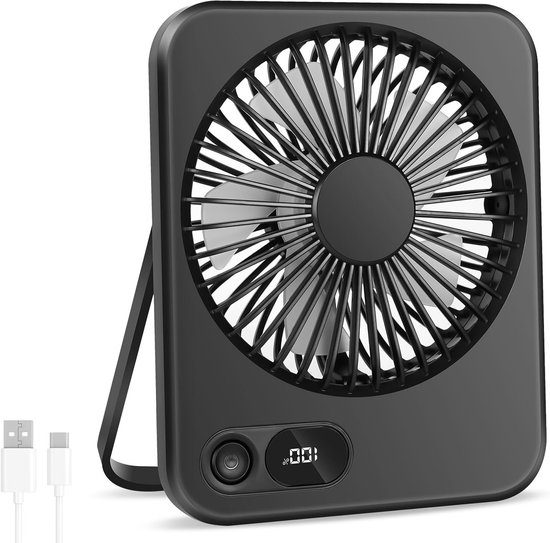 Oplaadbare USB-C Tafelventilator 2000mAh, Vouwbaar, Stil, 5 Snelheden, 180° Verstelbaar, Mini Ventilator voor Thuis & Kantoor