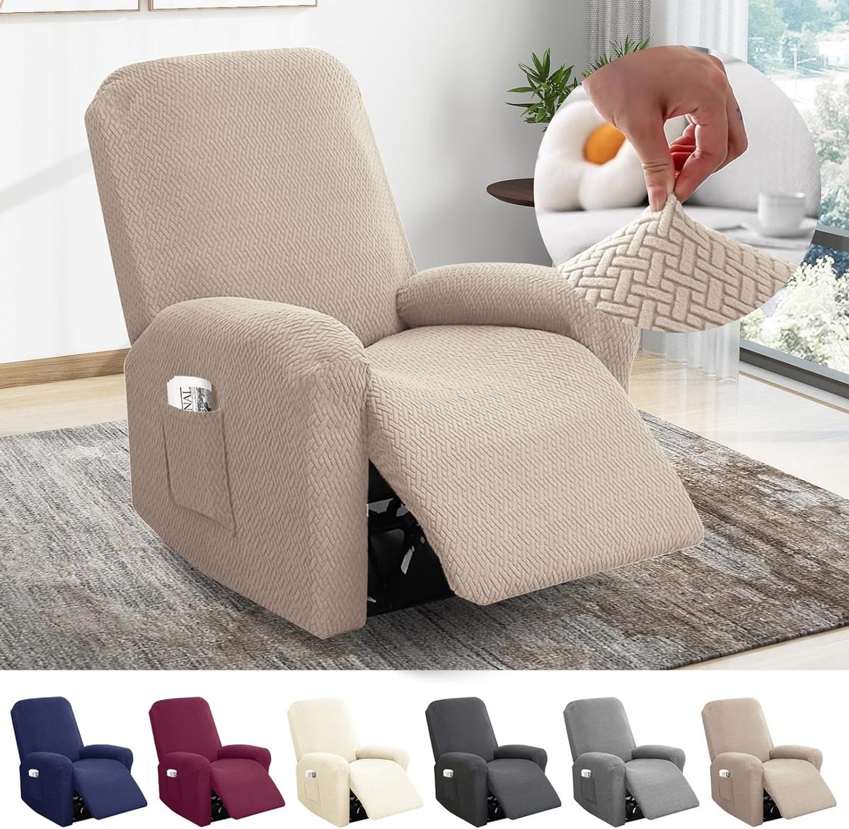 Stretch Stoelhoes met Zakjes, All-Inclusive Strepen, Jacquard Bescherming voor TV Stoel en Relaxfauteuil, Meubelbescherming (Taupe, 4 Stukken)