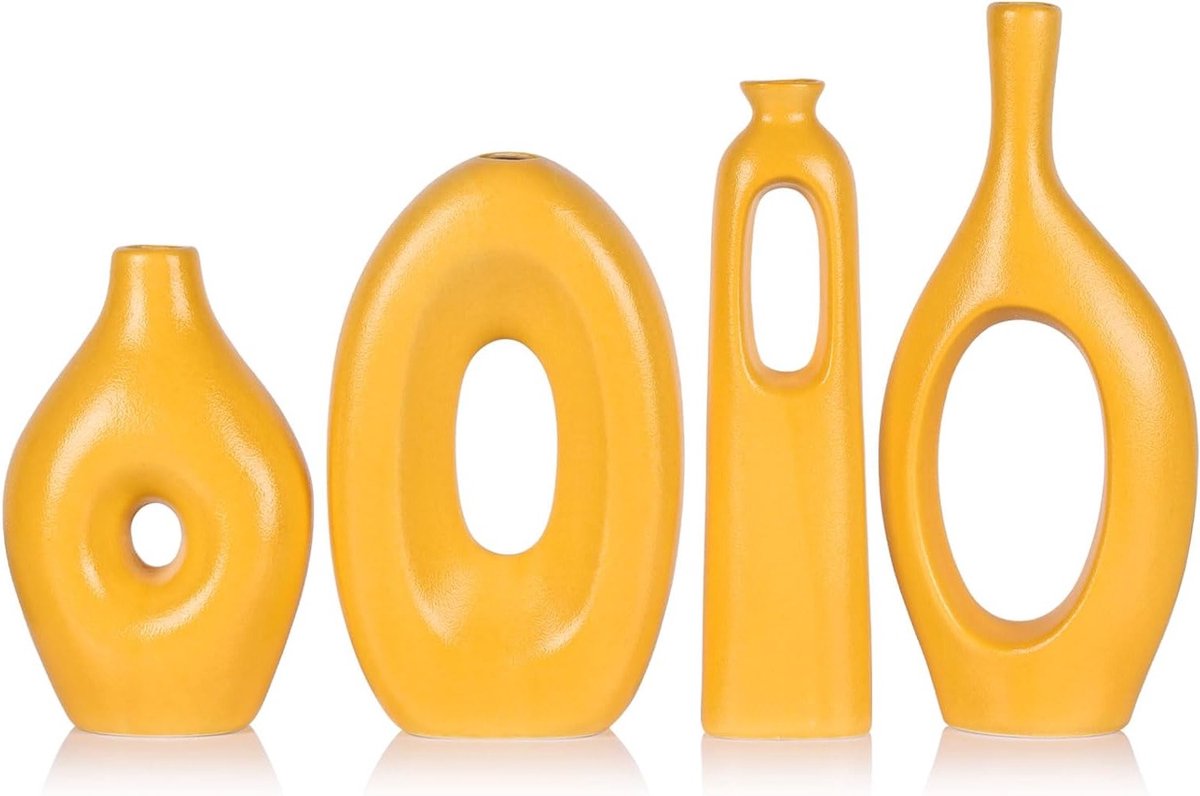 Set van 4 Gele Keramische Vazen - Boho Rond voor Pampasgras, Moderne Bloemenvazen voor Woonkamer, Eettafel en Bruiloft Decoratie
