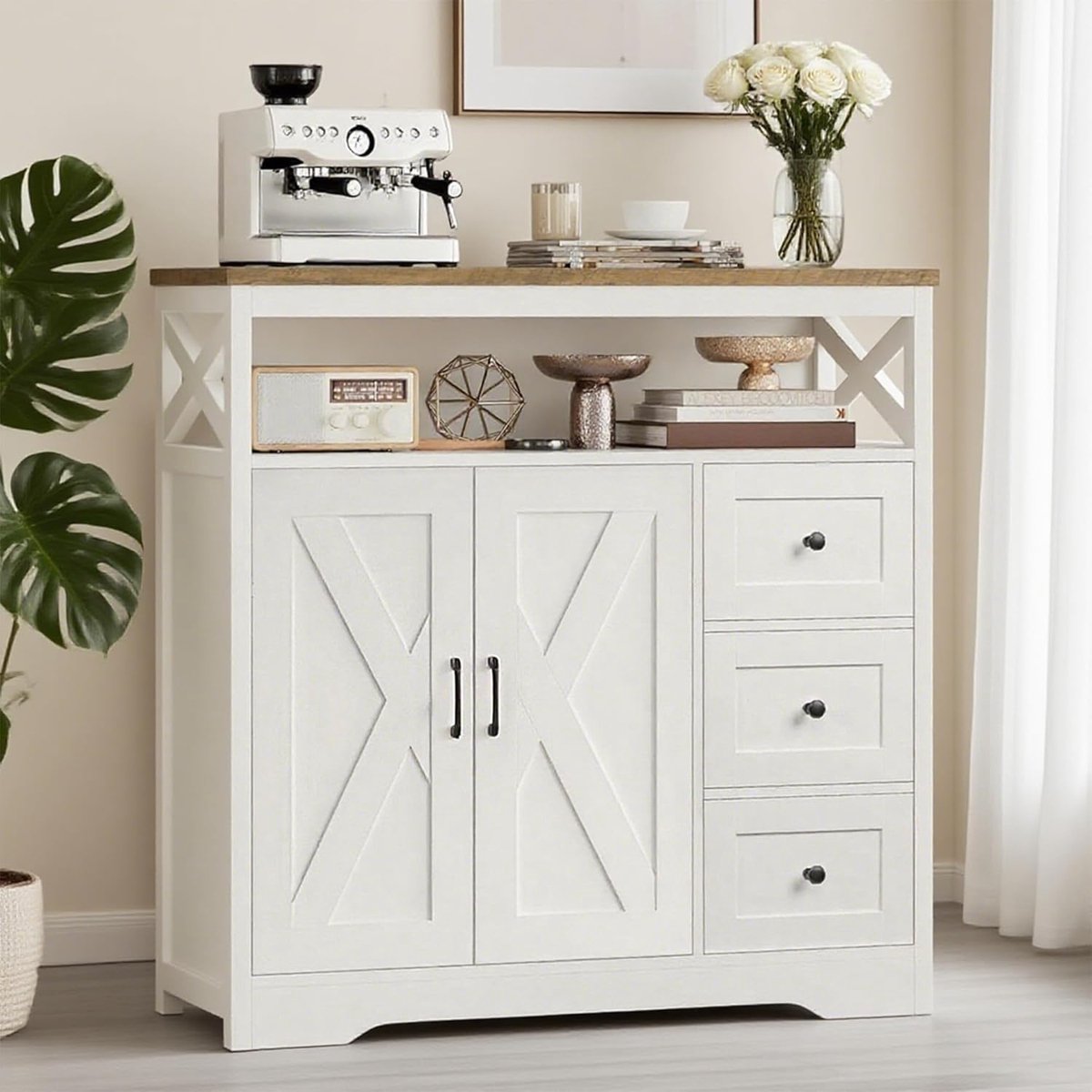 Stijlvol Laag Dressoir met 2 Deuren en 3 Lades 100x40x105 cm – Modern Woonkamer & Eetkamer Opbergmeubel in Wit Hout Design – Multifunctionele Sideboard & TV Kast