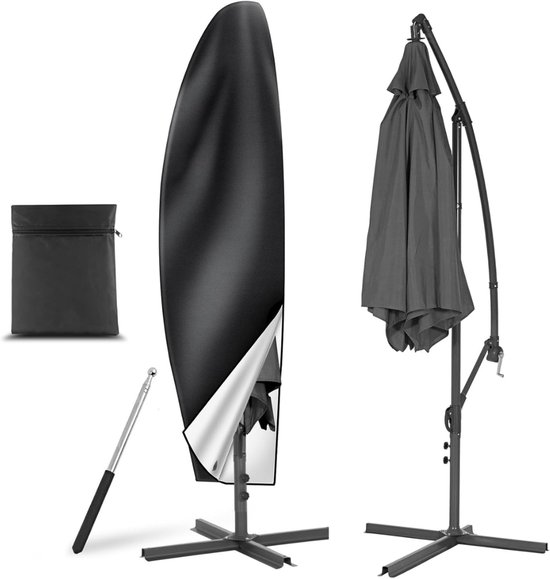 Zwarte parasolhoes met opbergzakje en stok, naast een grijze zweefparasol.