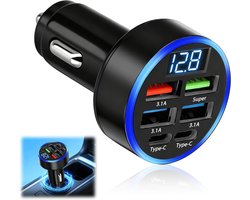 Autolader Sigarettenaansteker 6 Poorten 50W, USB-C & USB-A Snellader met LED-Display, 12V-24V Autoadapter, 2×USB-C + 4×USB-A (1×Super, 3×3.1A), Oplader voor iPhone, Samsung, Huawei, iPad, GPS