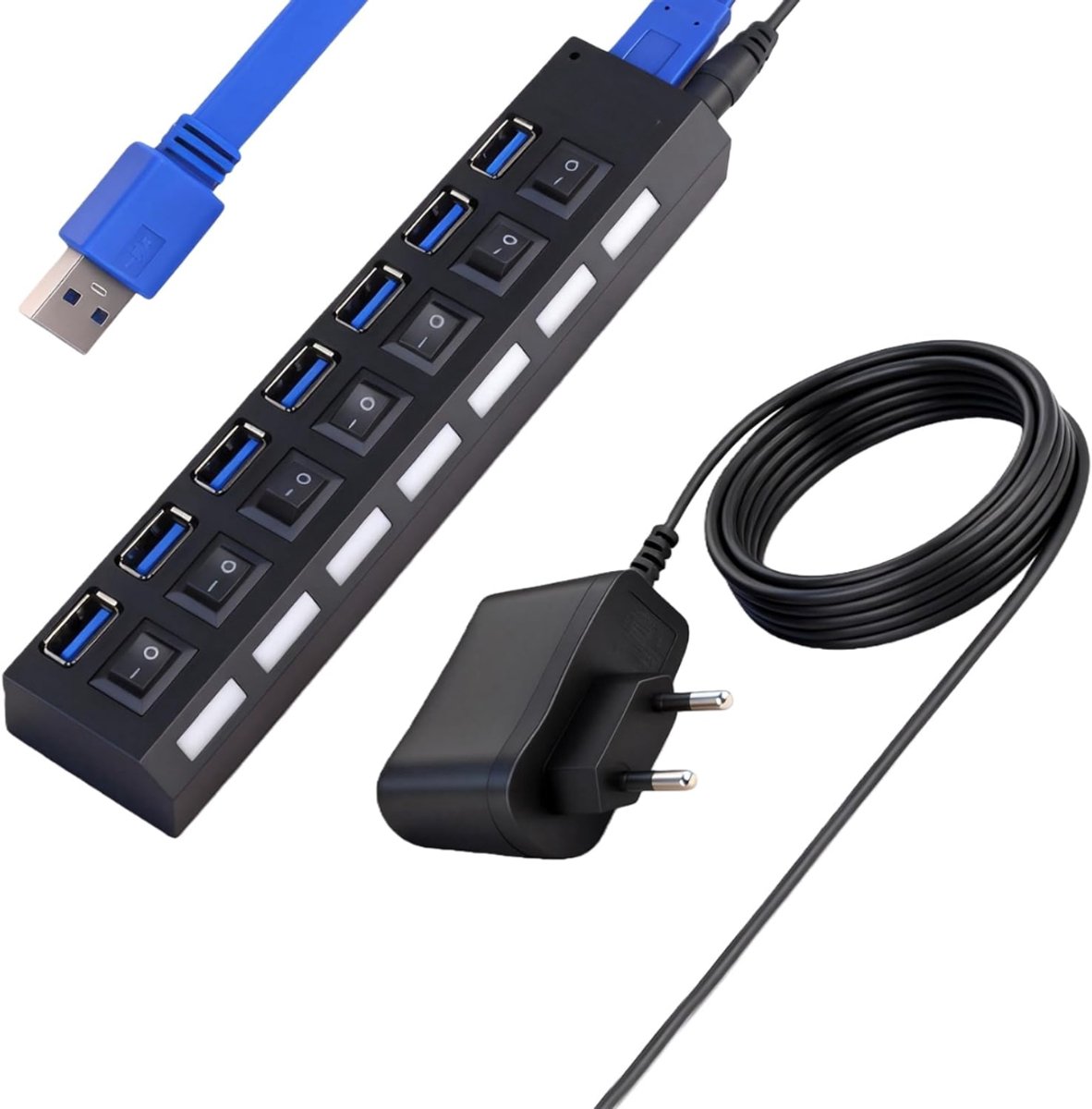 MIRA® USB Hub met Voeding - USB Hub - USB Splitter - Zwart - 10cm x 10cm x 1cm; 170 g