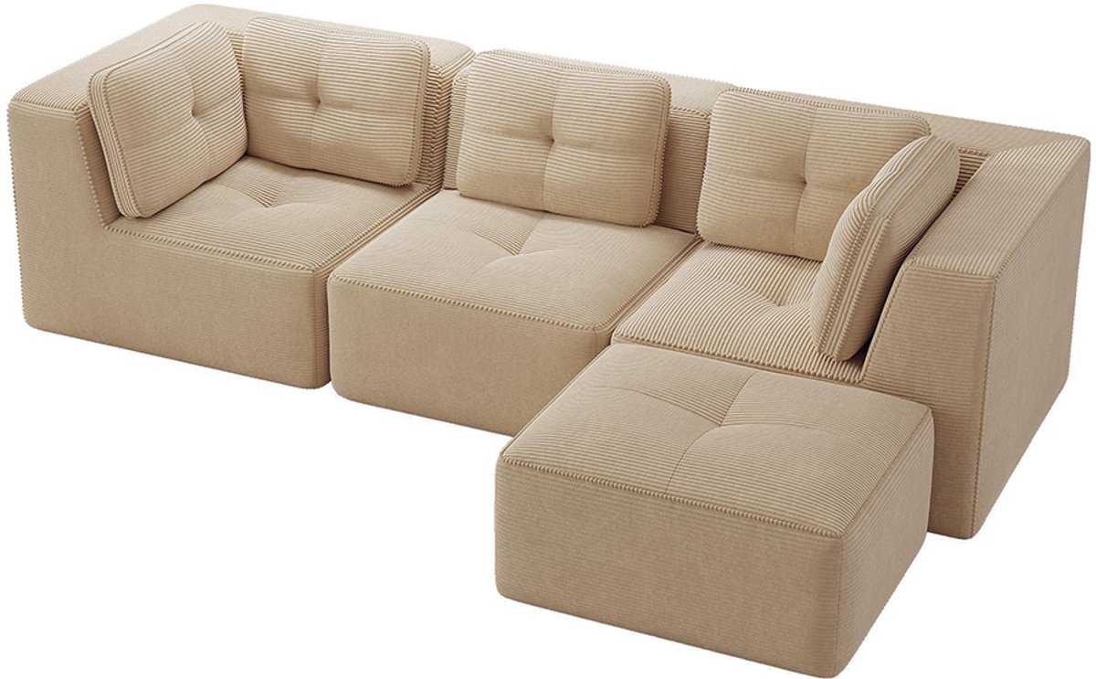 Komhtom L-vormige hoekbank zonder frame, modulaire hoekbank, hoekbank met chaise longue, modulaire bank met touwbekleding, driezitsbank met touwbekleding en diepe zitting voor de woonkamer, geen montage nodig, beige