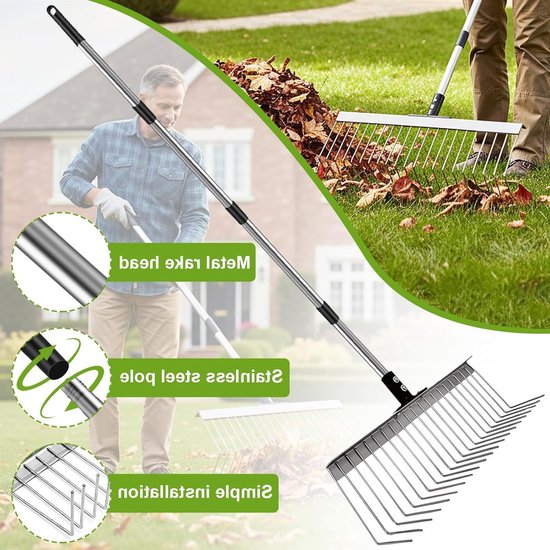 Verstelbare Bladhark 53-160 cm met 21 Tanden, Ergonomische Lange Handgreep voor Bladeren, Gras en Dennennaalden in de Tuin van Merkloos	 — afbeelding 2