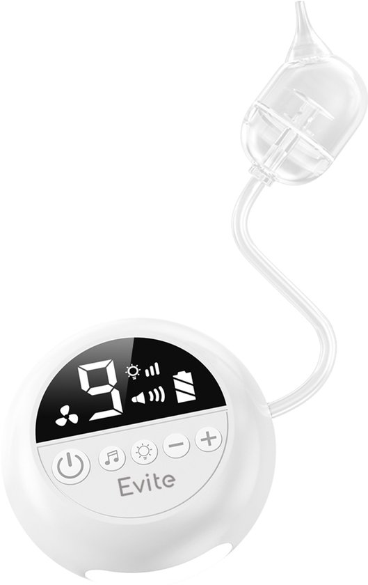 Witte Evite neusreiniger met digitaal display met batterij-indicator en zuigkrachtinstellingen.