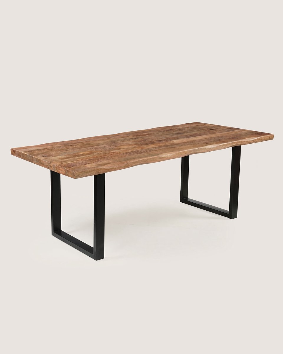 Rechthoekige Boomstam Eettafel 200 cm Mangohout – Rustiek – Zwart Metalen U-Poot – Industrieel – 8 Personen