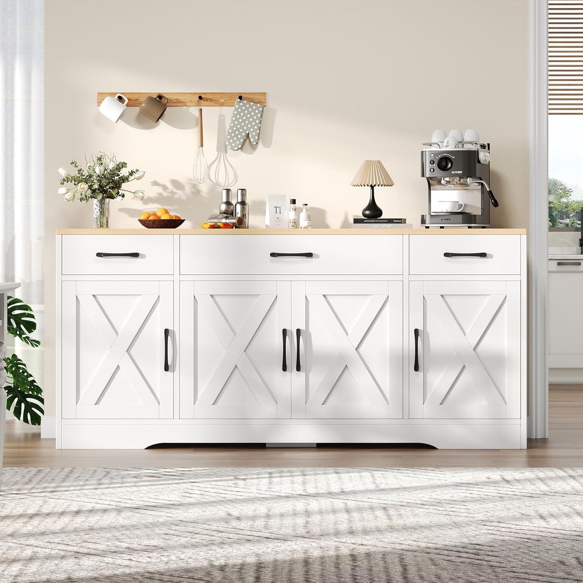 Modern Industrieel Wit Dressoir met 3 Lades en 4 Deuren 160 x 37 x 75 cm Multifunctionele Opbergkast TV Meubel Sideboard voor Woonkamer, Eetkamer en Hal