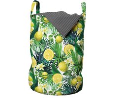 ABAKUHAUS Nature waszak, exotische planten groene blad, wasmand met handvatten trekkoord voor wasserettes, geel bosgroen