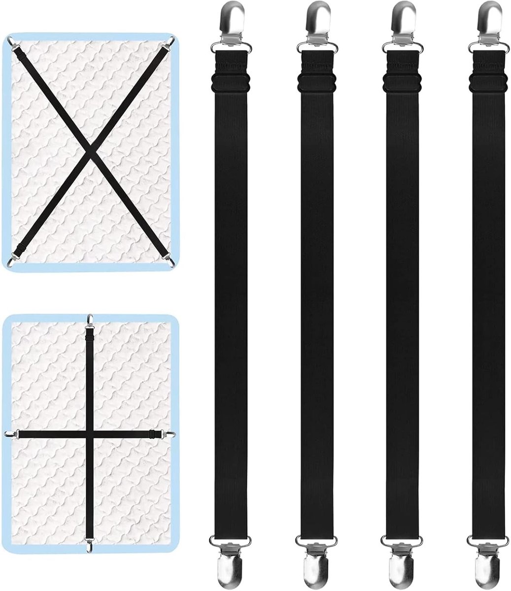 Verstelbare Elastische Hoeslaken Spanners met Metalen Clips - Antikreuk voor Matras, Strijkplank en Bank - 2M Zwart, Set van 4