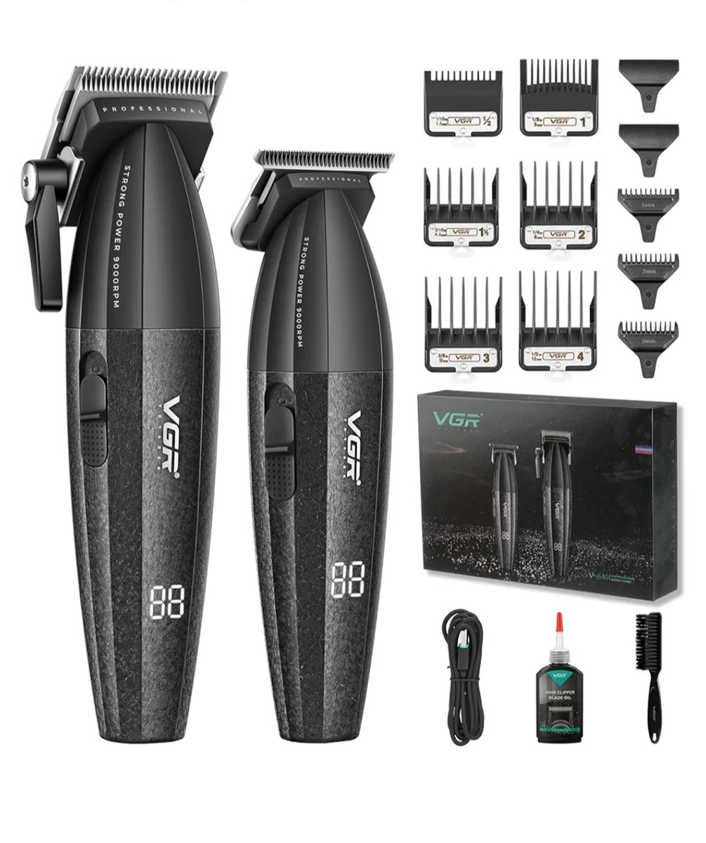 VGR V-640 Professionele Barber Set – Tondeuse & Trimmer – Draadloos – LED Display – 9 Opzetkammen