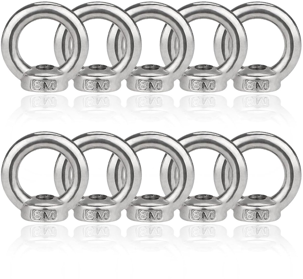 Set van 10 RVS Ringmoeren M8 - Oogmoeren voor Kabelassemblage, Hefaccessoires en Oppervlaktebehandeling, Zilver