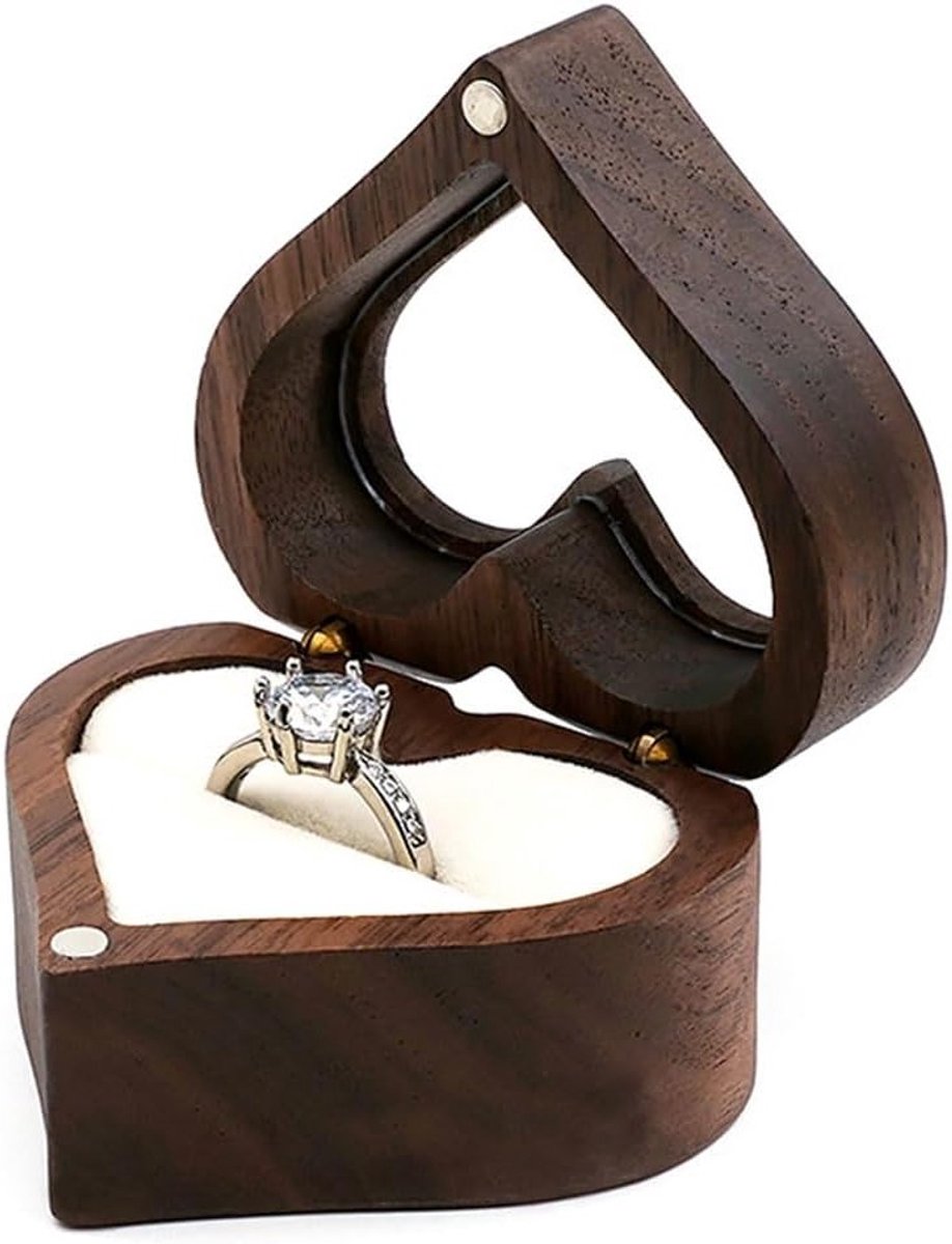 Houten Ringdoos voor Trouwen, Handgemaakte Ringdoos voor Verloving, Unieke Hartvormige Ringdoos, Perfect voor Ceremonies en Cadeaus