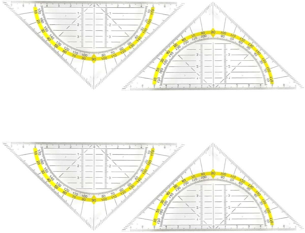 Set van 4 Geometrische Driehoeken met Handvat, Perfect voor Tekeningen, Cirkeltekenen en Precisiewerk, 14 cm, Transparant, Geschikt voor Studenten en Professionals