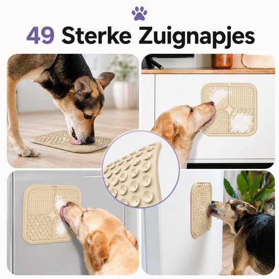 Collage van vier foto's waarop honden likken van een beige likmat die vastzit op verschillende oppervlakken.