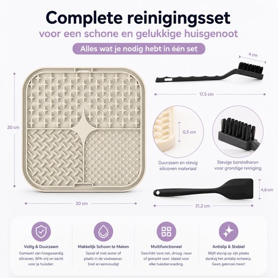 Beige likmat van 20x20 cm, met een grijze spatel van 21,2 cm en twee schoonmaakborstels. Afmetingen worden getoond.