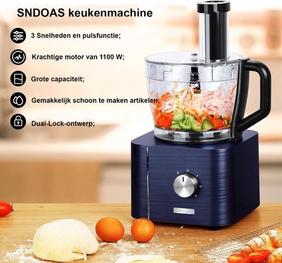 Keukenmachine - Alles in 1 keukenmachine - Multifunctionele keukenmachine - Vleesmolen - Garde - Kneder - Shredder - Sinaasappelpers - Hakselaar - Blender - 1100W - Blauw van Techwood — afbeelding 4