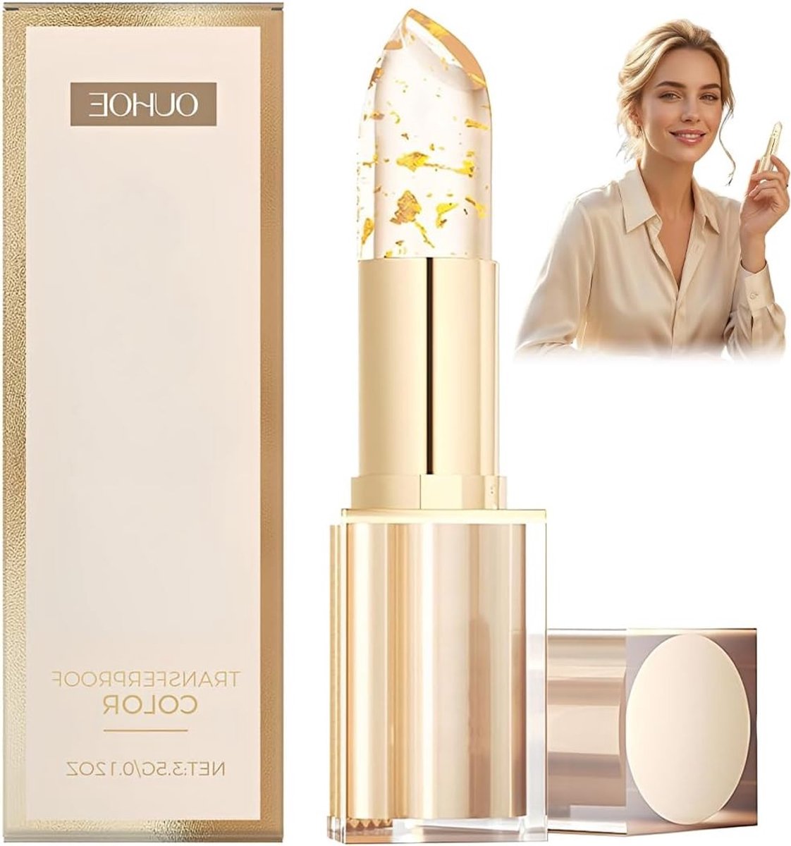 Hydraterende lipstick met kleurwissel-effect, 24 uur houdbaar en goudkleurige afwerking