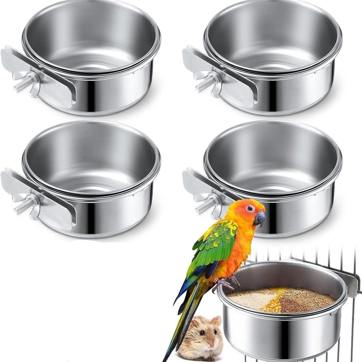Set van 4 RVS Voerbakken voor Papegaaien en Vogels, Duurzaam en Makkelijk Schoon te Maken, Ideaal voor Dierenvoer