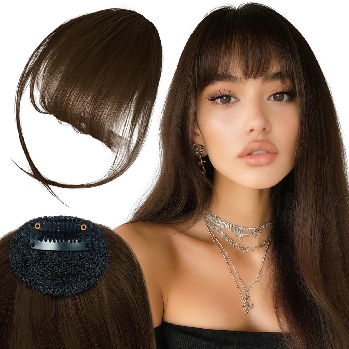 Natuurlijke Clip-in Pony van 100% Echt Menselijk Haar, Wispy Bangs voor Dames in Donkerbruin met Slaapstukjes