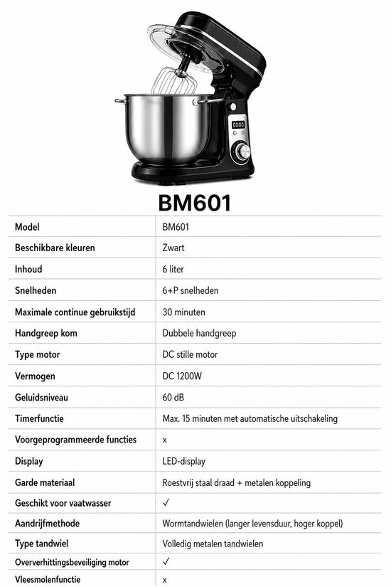Jensaro Keukenmachine 1200W - Krachtige Stand Mixer 6L - Deegmixer - 6 Snelheden + Pulse - Stil - Groot Vermogen - RVS Kom van Merkloos — afbeelding 2