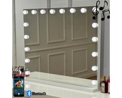 Bright Beauty® Make-up Spiegel met Verlichting – Hollywood Spiegel – BLUETOOTH - 80×60 cm – 18 LED Lampen – 3 Lichtkleuren – Dimbaar – Smart Touch – USB Oplaadpoort – Wit