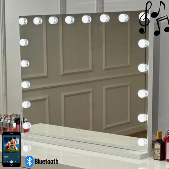 Bright Beauty® Make-up Spiegel met Verlichting – Hollywood Spiegel – BLUETOOTH - 80×60 cm – 18 LED Lampen – 3 Lichtkleuren – Dimbaar – Smart Touch – USB Oplaadpoort – Wit