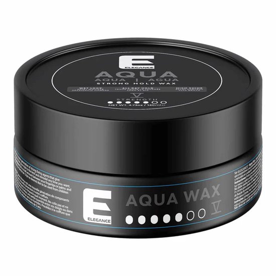 Zwarte pot met "Elegance Aqua Wax Strong Hold Wax" en "Aqua Wax" in witte letters. Bevat 140ml.