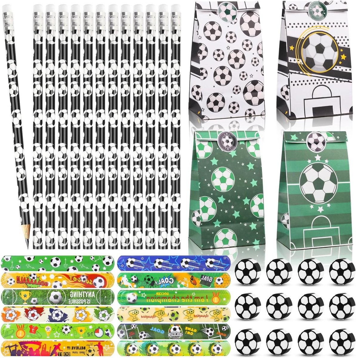 Feestelijke Voetbalthema Cadeauset met 48 Stuks - Verjaardag Gadgets, Potloden, Gum, Tassen en Slap Bracelets voor Kinderen
