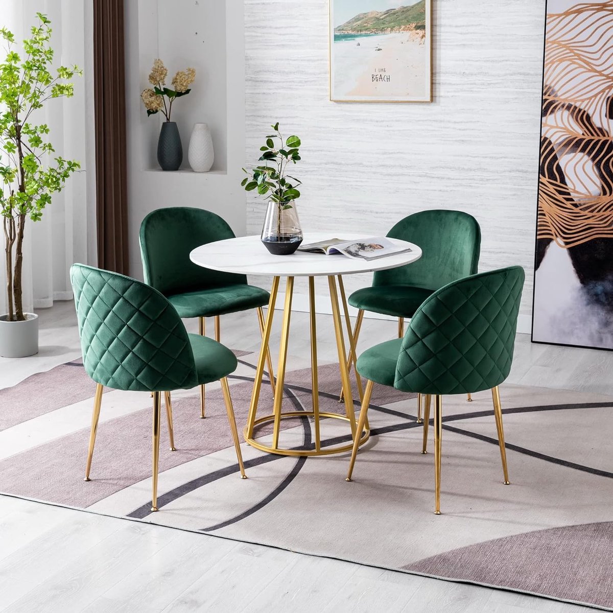 Eetkamerstoelen Set van 4 - Fluwelen Stoelen met Hoge Rugleuning - Moderne Keukenstoelen met Gouden Metalen Poten - Groen - 50x51x83 cm - Vermissen