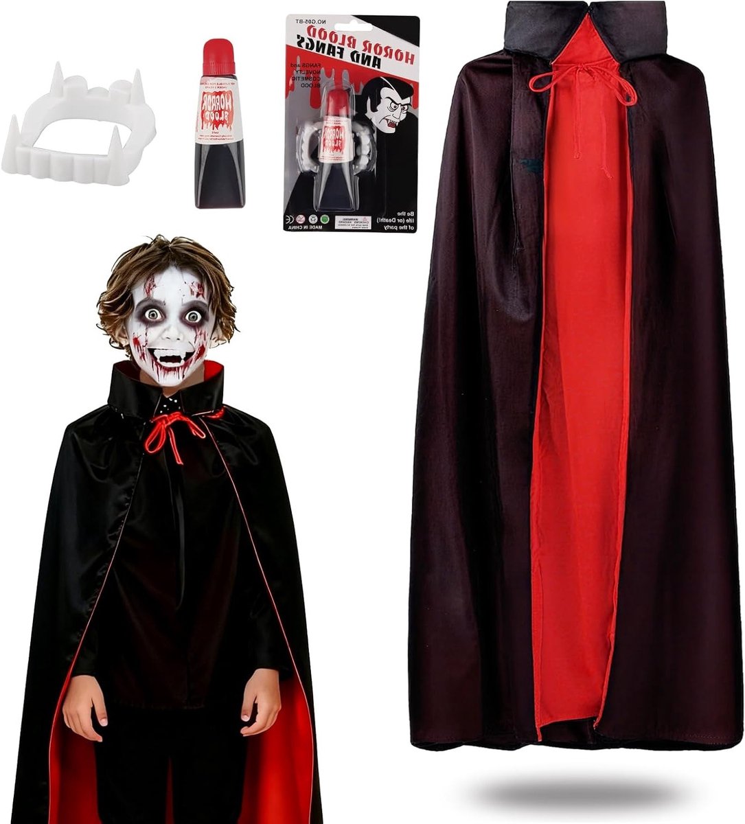 Halloween Vampier Kostuum Set met Dubbelzijdige Cape voor Carnaval en Feestjes in Zwart en Rood