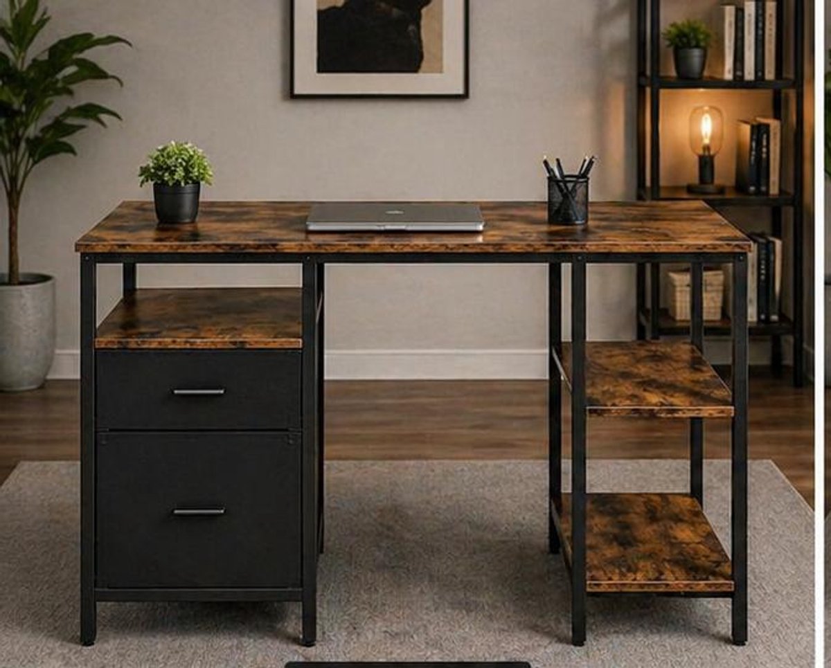 Computerbureau met 3 Planken en 2 Lades 140x60x76 cm – Bureau met Opbergruimte, Modern Industrieel Design, Flexibele Montage – Naturel Eiken/Wit – Vermissen