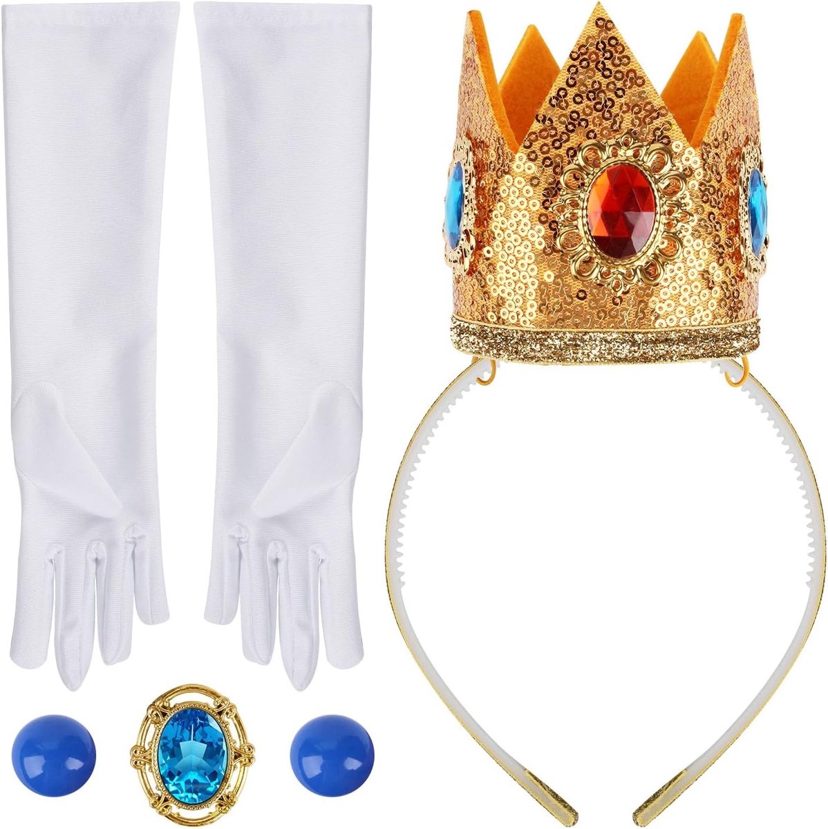 Kostuumaccessoires voor meisjes - 4-delige set met kroon, oorbellen, handschoenen en broche voor verkleedpartijen, dansfeesten en rollenspellen