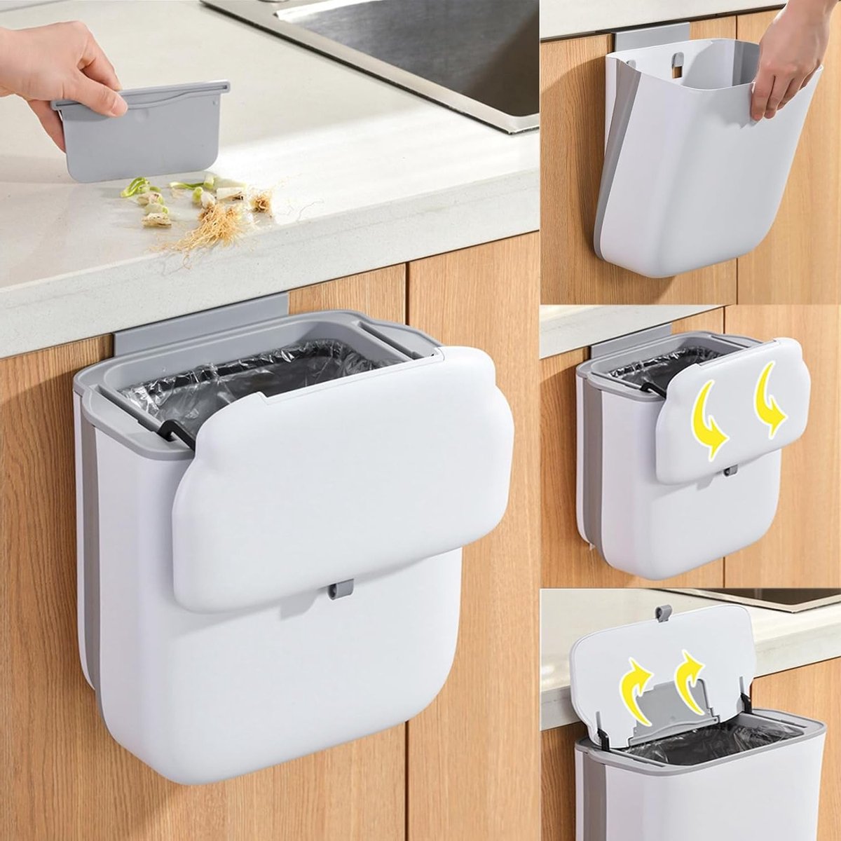 Wandmontage prullenbak 9 liter - Opvouwbare keukenprullenbak met deksel, ruimtebesparend voor kastdeur of muur, wit