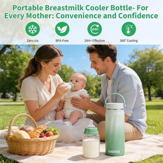 Draagbare Moedermelk Koeler & Warmer - 24 Uur Koeling - Inclusief 2 Bewaarflessen (300ml) - Kolf Accessoires voor Onderweg & Reizen - BPA-vrij - Groen — afbeelding 2