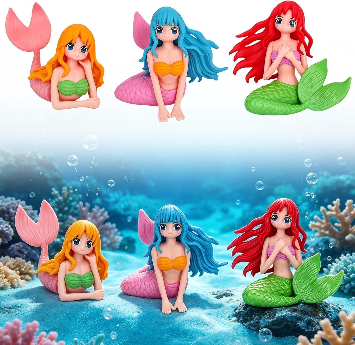Set van 3 mini zeemeermin figuren voor taartdecoratie, aquarium en feeëntuin, ideaal als cadeau voor meisjes