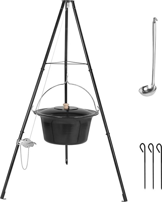 30L goulashketel met statief en lepel, originele Hongaarse goulashketel, met in hoogte verstelbare ketting, met gemalen spiesen, ketel goulashpotset, goulashpot emaille, voor 25-30 personen — foto 1