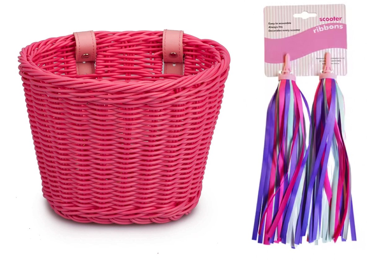 Mandje kinderfiets loopfiets - gevlochten kunststof rotan riet - verstelbare bandjes roze + stuurslingers